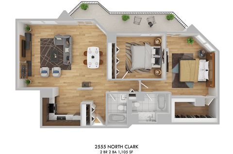 Floor plan for 2 beds, 2 baths, 1105 sqft
